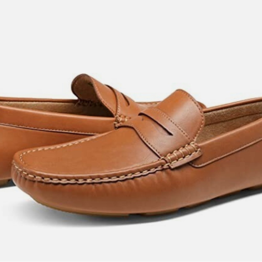 Vostey Tan Leather Slip-On Loafers with Penny Slot